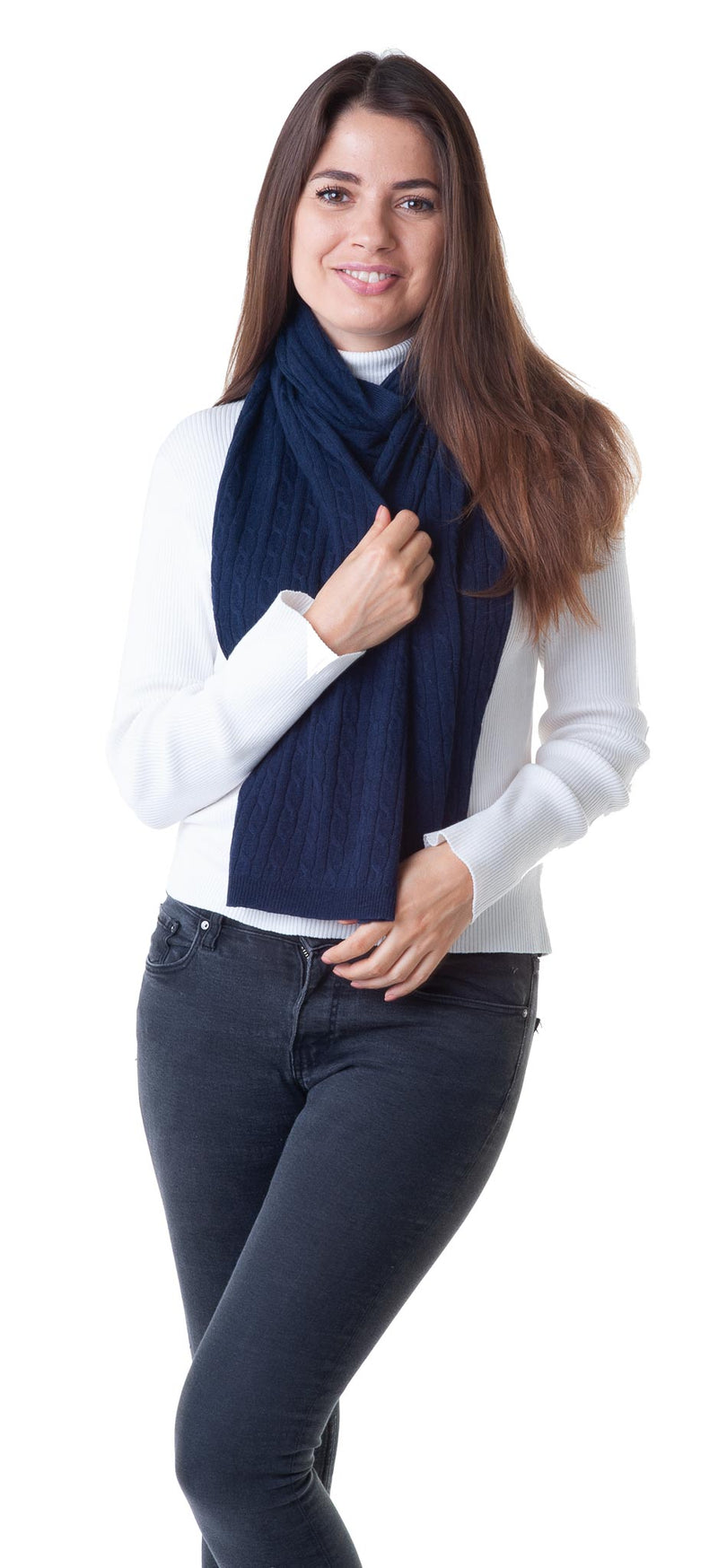 Cashmere Merino Scarf - Cable Knit - Soft Warm Stylish Winter Scarves for Women & Men - Navy Blue