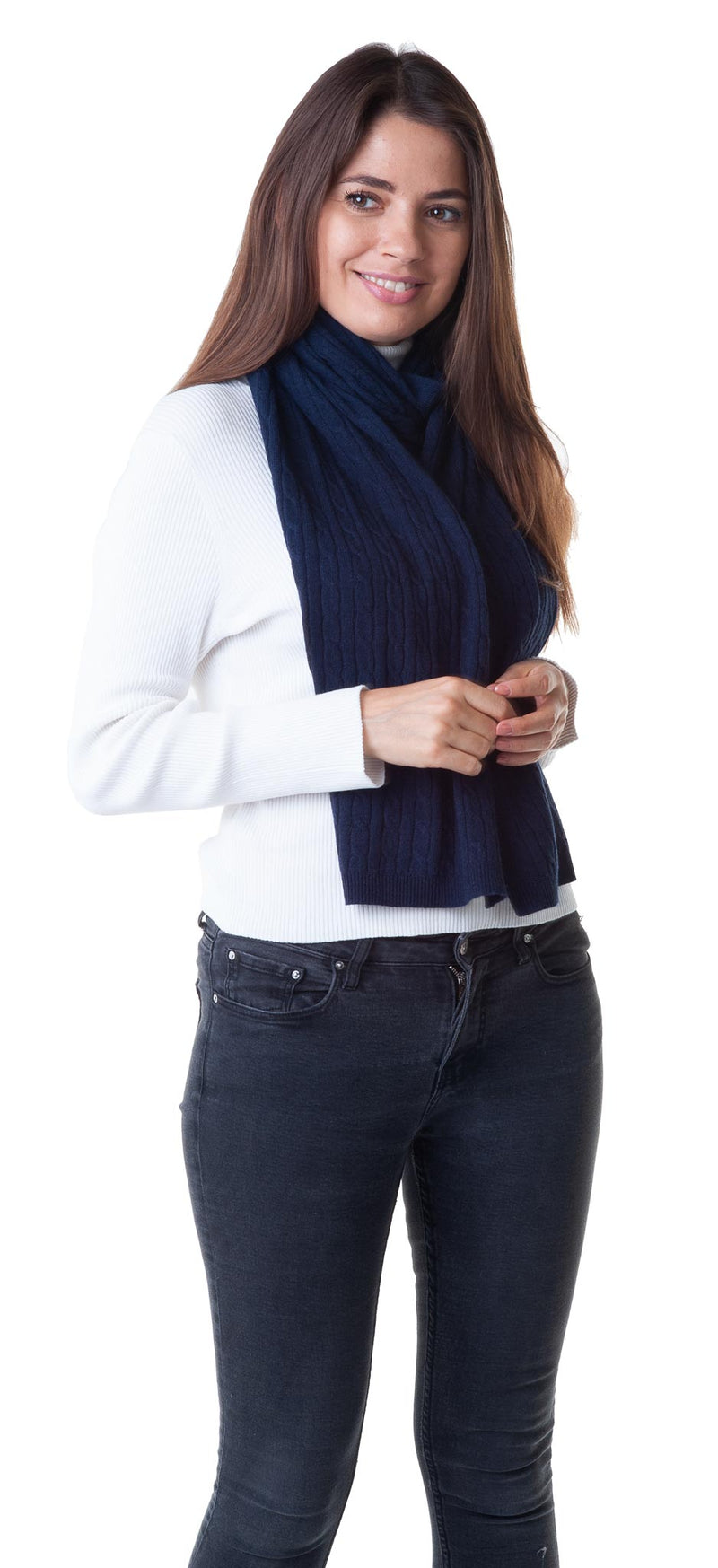 Cashmere Merino Scarf - Cable Knit - Soft Warm Stylish Winter Scarves for Women & Men - Navy Blue