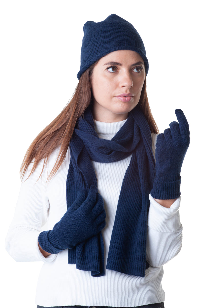 Cashmere Merino Jersey Knit Beanie - Navy