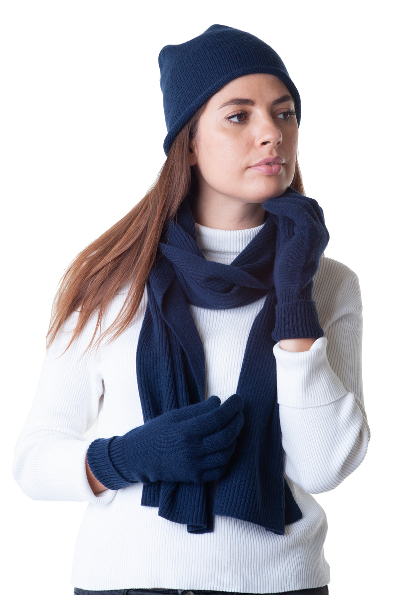 Cashmere Merino Jersey Knit Beanie - Navy