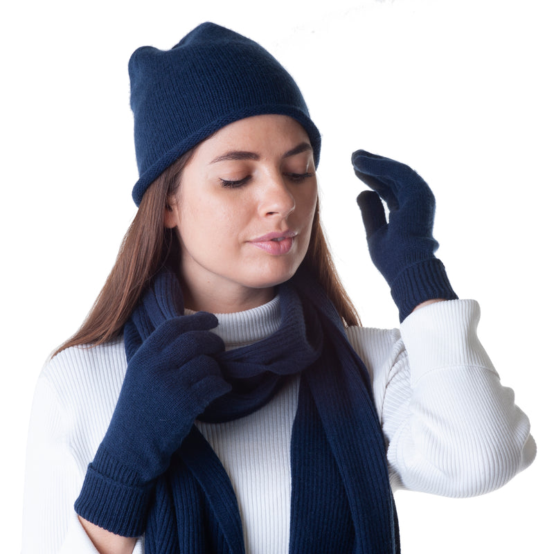 Cashmere Merino Jersey Knit Beanie - Navy