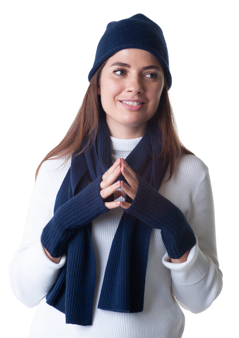 Cashmere Merino Jersey Knit Beanie - Navy