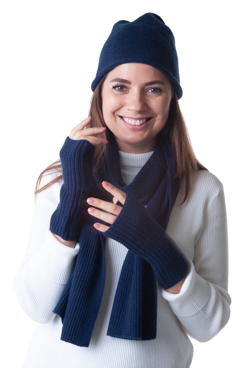 Cashmere Merino Jersey Knit Beanie - Navy