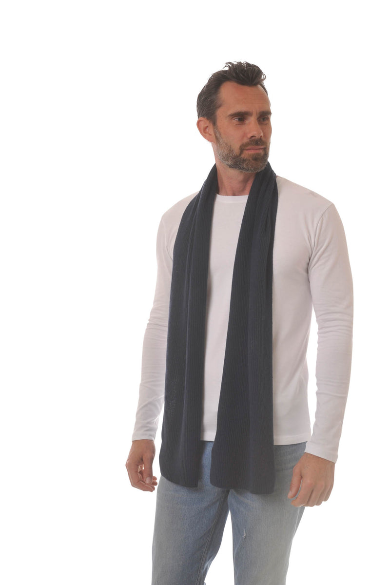 Cashmere Merino Scarf - Rib Knit - Soft Warm, Stylish Winter Scarf for Women & Men - Navy Blue