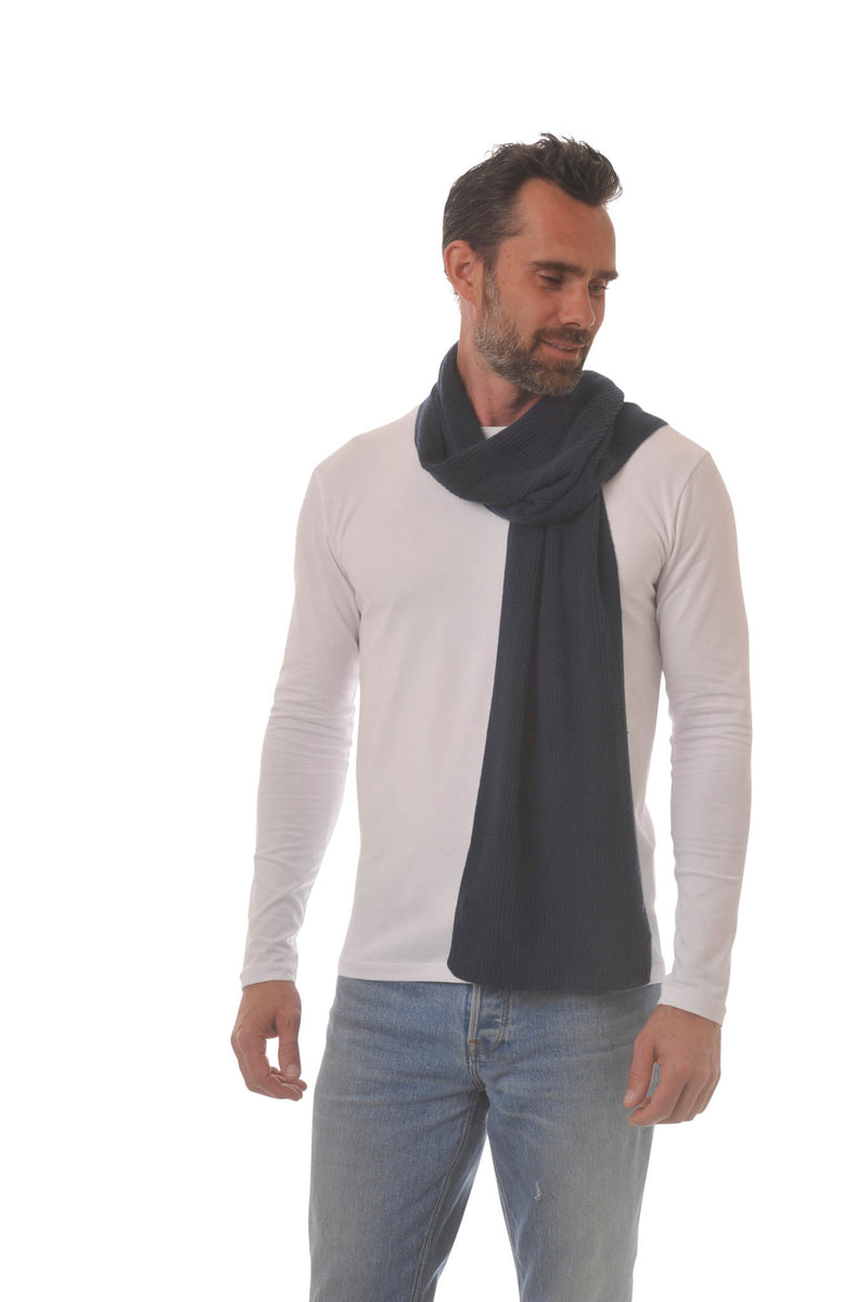 Cashmere Merino Scarf - Rib Knit - Soft Warm, Stylish Winter Scarf for Women & Men - Navy Blue