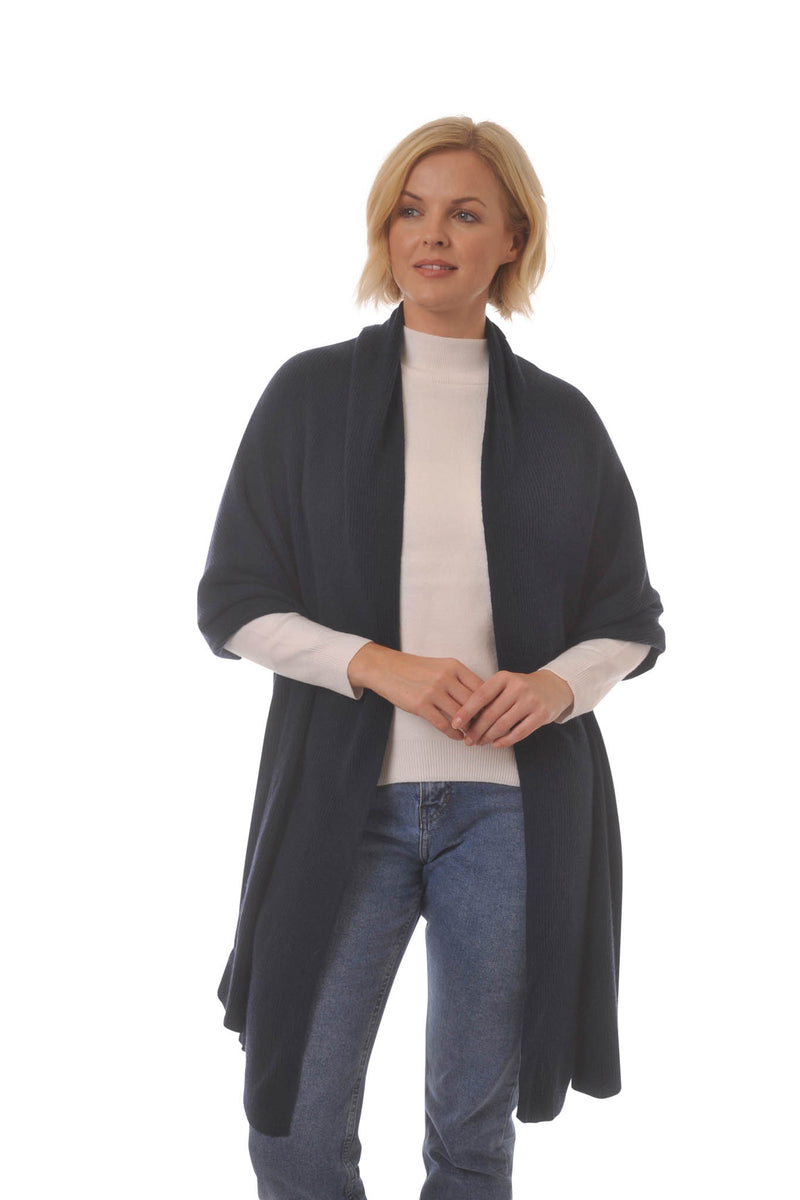 Blanket Scarves - Super-Sized Wraps in Cashmere Merino - Shawl or Giant Scarf - Ribbed Design - Perfect for Winter and Ideal for Travel - Navy Blue