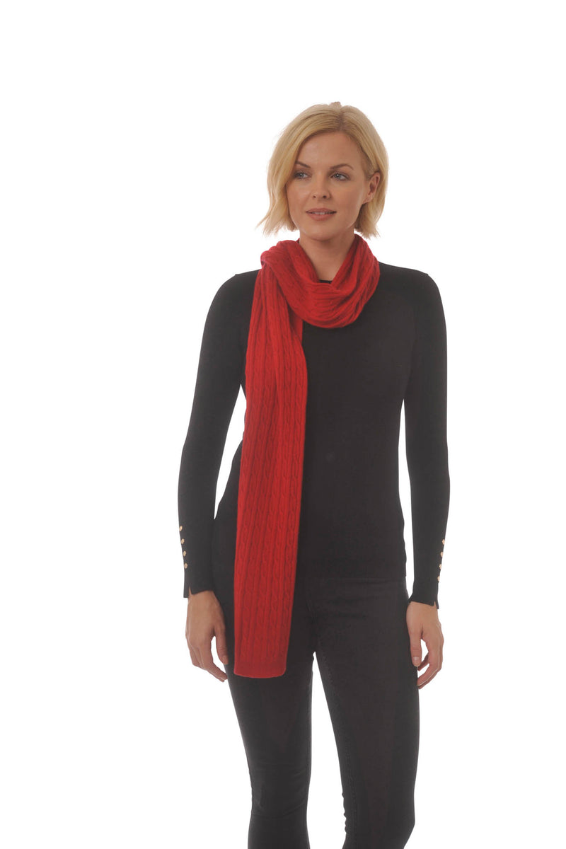 Cashmere Merino Scarf - Cable Knit Soft Warm Stylish Red