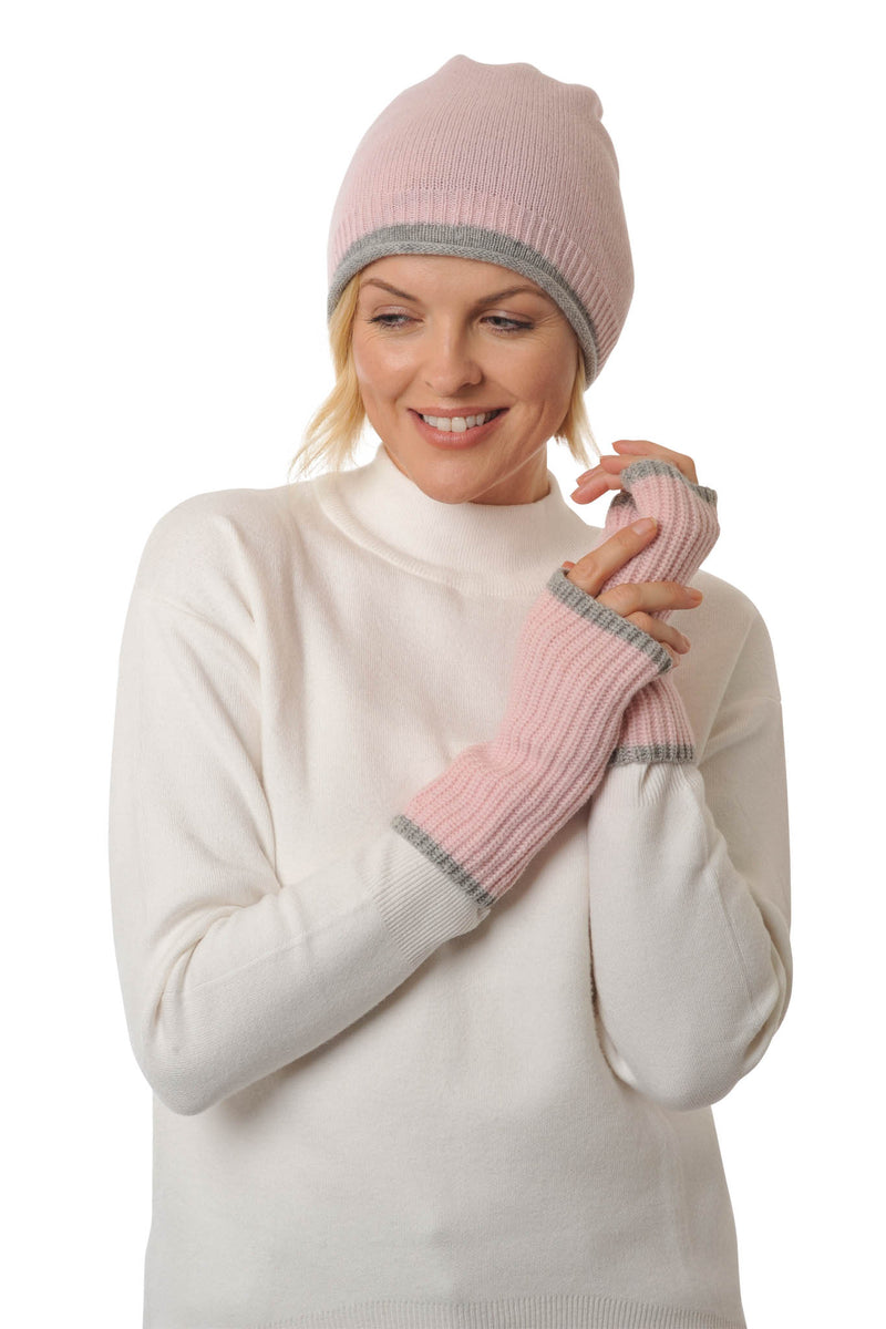 Cashmere Merino Beanie  hat - Jersey Knit - Coloured Trim - Pale Pink & Flannel Grey