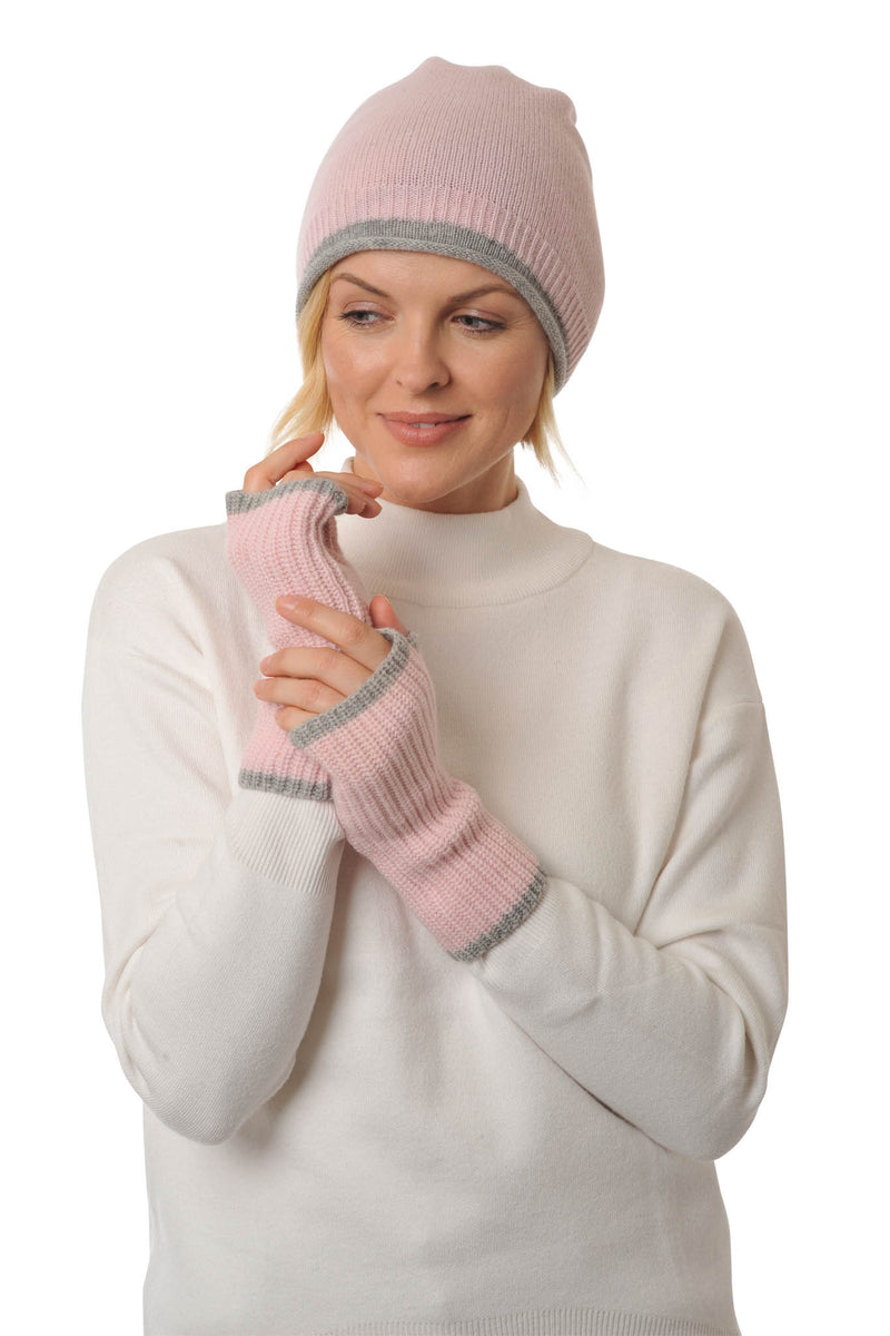 Cashmere Merino Beanie  hat - Jersey Knit - Coloured Trim - Pale Pink & Flannel Grey