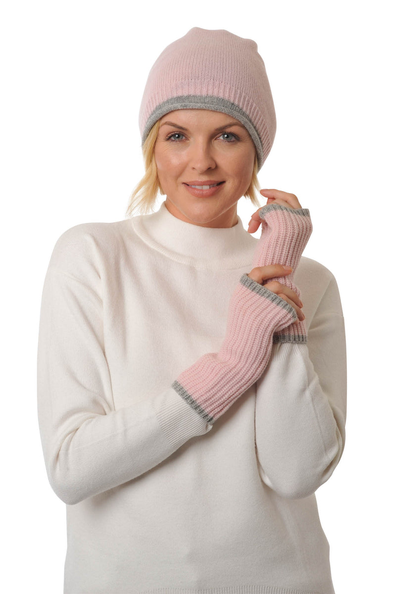 Cashmere Merino Beanie  hat - Jersey Knit - Coloured Trim - Pale Pink & Flannel Grey