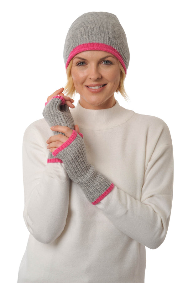 Cashmere Merino Beanie  hat - Jersey Knit - Coloured Trim - Flannel Grey & Fuschia Pink