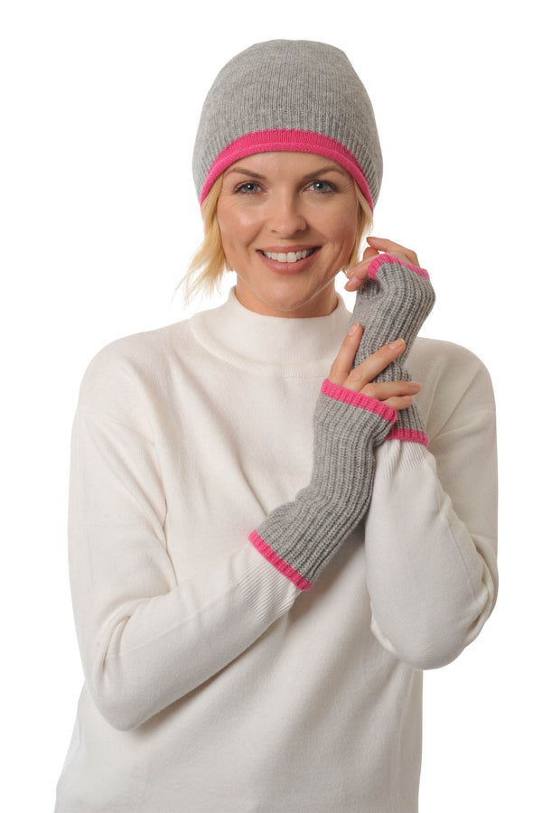 Cashmere Merino Beanie  hat - Jersey Knit - Coloured Trim - Flannel Grey & Fuschia Pink