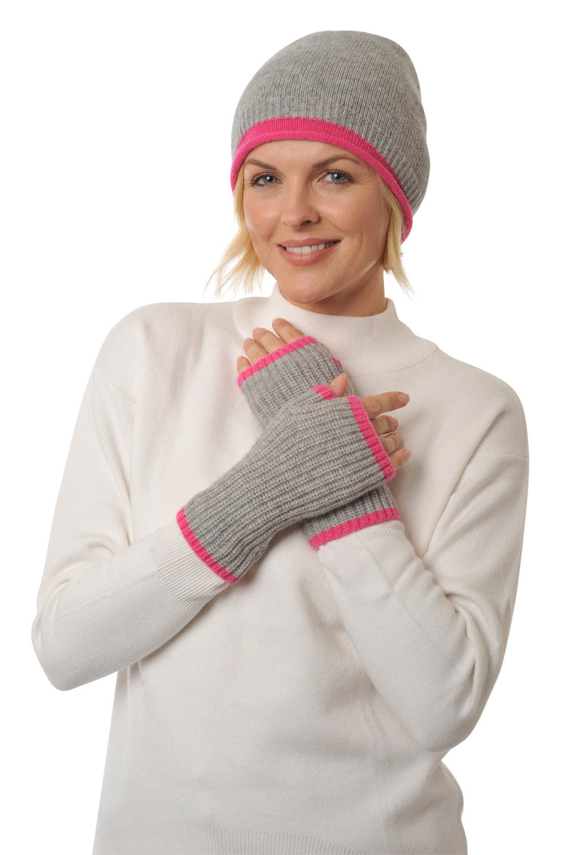 Cashmere Merino Beanie  hat - Jersey Knit - Coloured Trim - Flannel Grey & Fuschia Pink