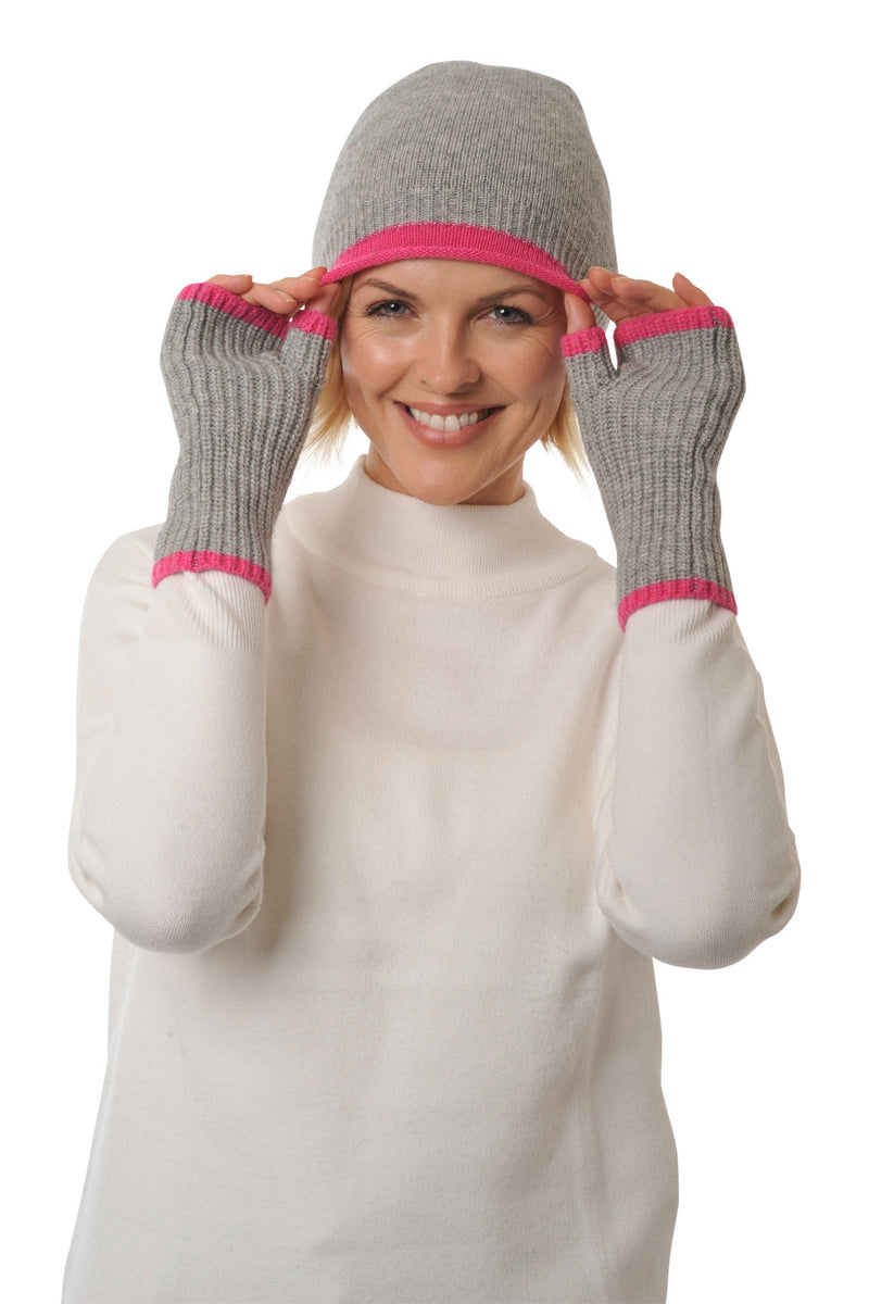 Cashmere Merino Beanie  hat - Jersey Knit - Coloured Trim - Flannel Grey & Fuschia Pink