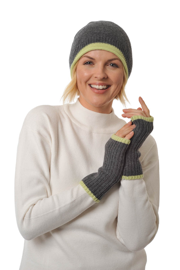 Cashmere Merino Beanie  hat - Jersey Knit - Coloured Trim - Charcoal & Pistachio