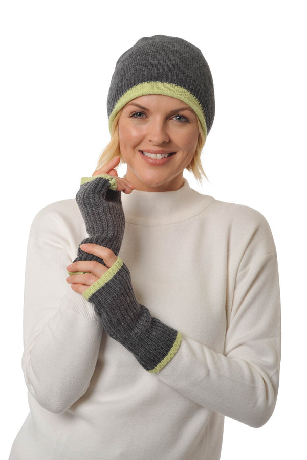 Cashmere - Merino Fingerless Glove - Wrist-warmers with Coloured Trim - Charcoal & Pistachio