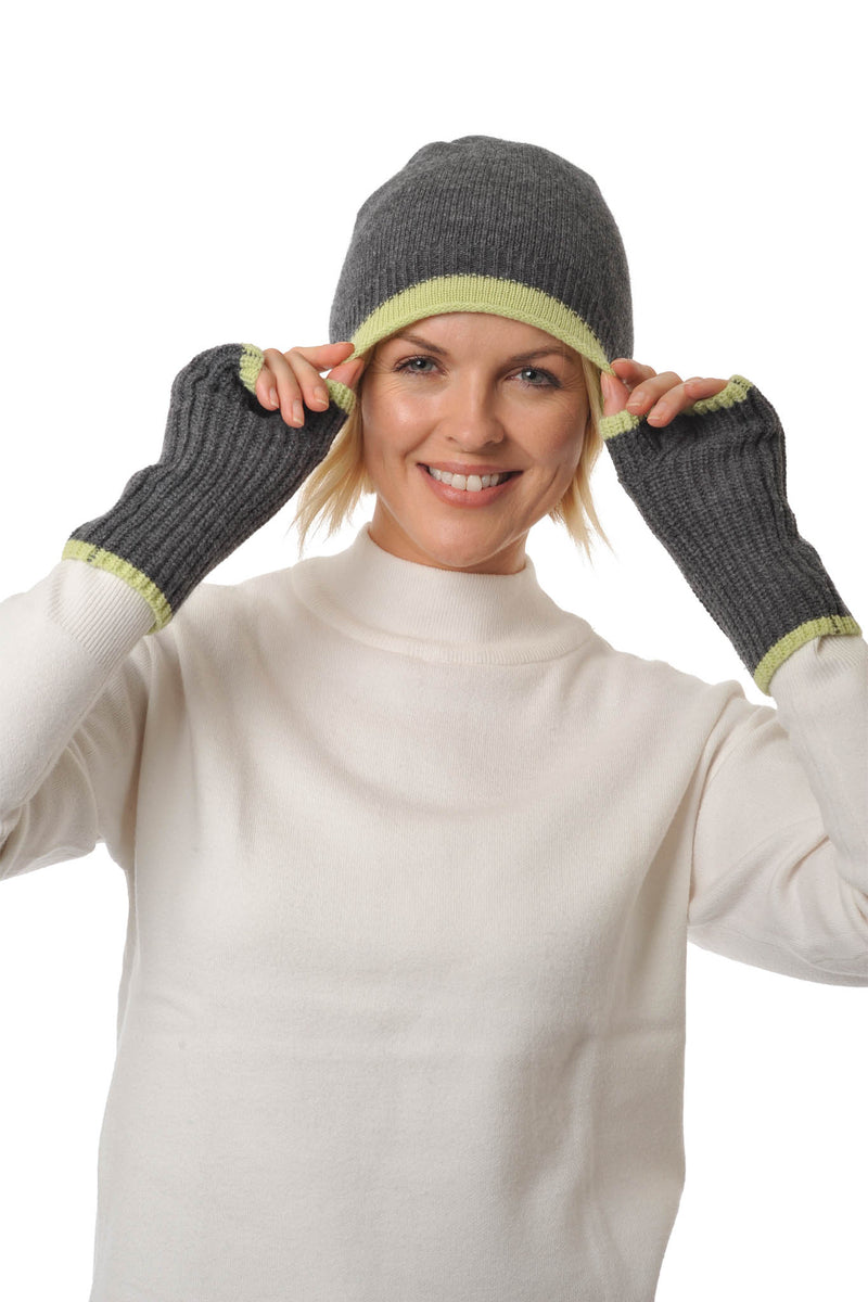 Cashmere - Merino Fingerless Glove - Wrist-warmers with Coloured Trim - Charcoal & Pistachio