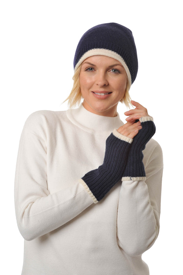 Cashmere Merino Beanie  hat - Jersey Knit - Coloured Trim - Navy Blue & Ivory