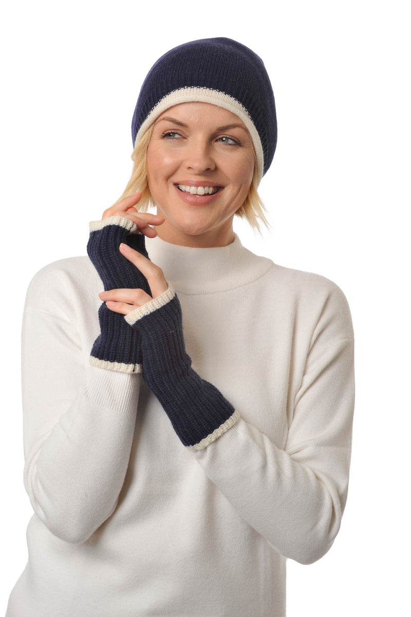 Cashmere Merino Beanie  hat - Jersey Knit - Coloured Trim - Navy Blue & Ivory