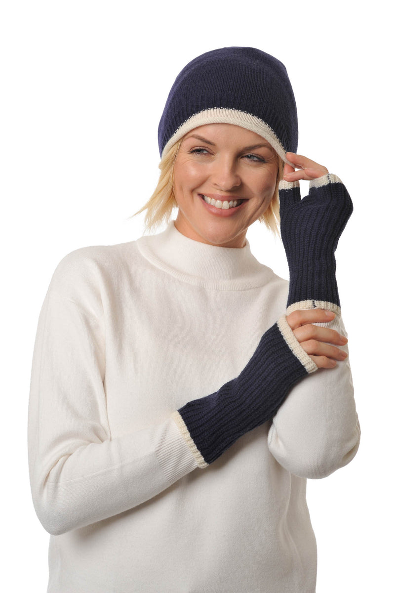 Cashmere Merino Beanie  hat - Jersey Knit - Coloured Trim - Navy Blue & Ivory