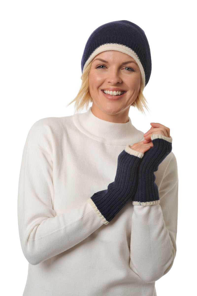 Cashmere - Merino Fingerless Glove - Wrist-warmers with Coloured Trim - Navy Blue & Ivory