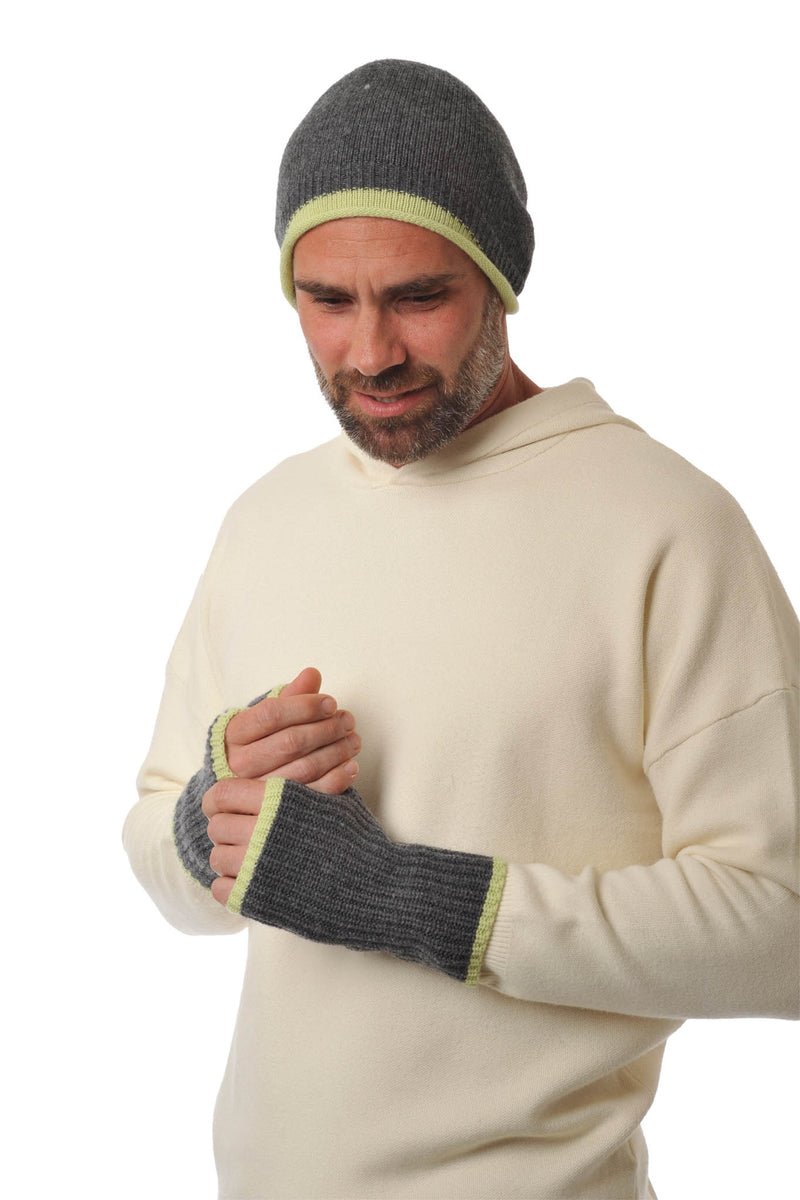 Cashmere - Merino Fingerless Glove - Wrist-warmers with Coloured Trim - Charcoal & Pistachio