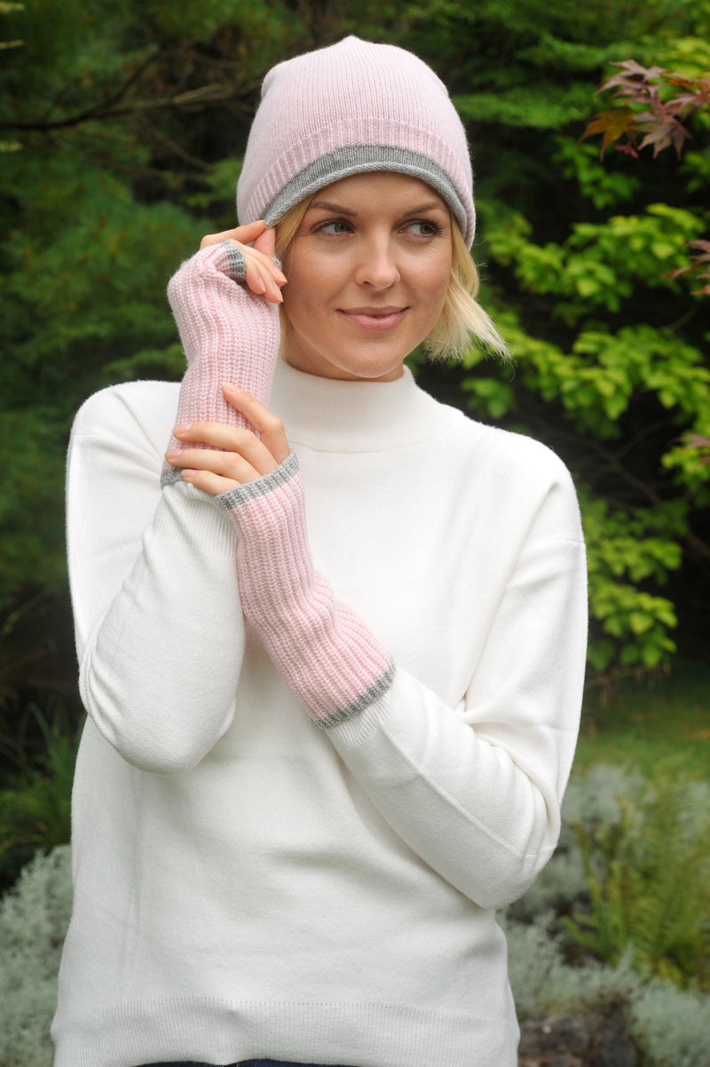 Cashmere Merino Beanie  hat - Jersey Knit - Coloured Trim - Pale Pink & Flannel Grey