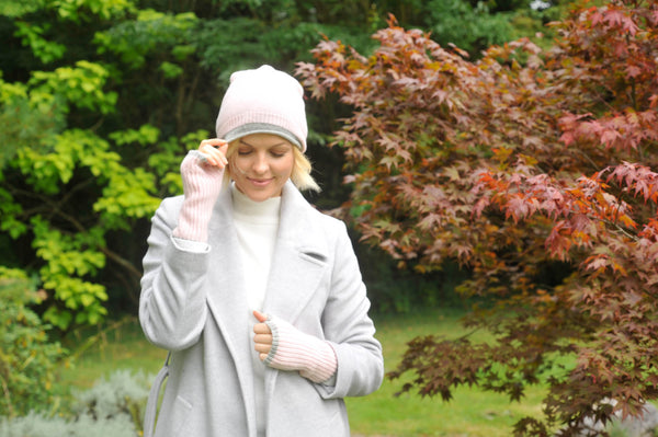 Cashmere - Merino Fingerless Glove - Wrist-warmers with Coloured Trim - Pale Pink & Flannel Grey