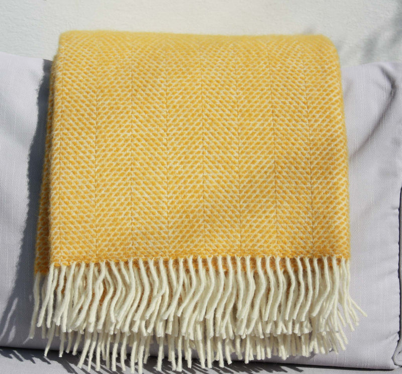 Throw -100% Pure New Wool - Beehive Pattern - Mustard Yellow Blanket