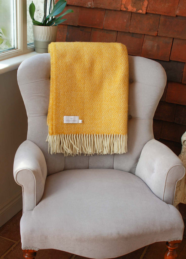 Throw -100% Pure New Wool - Beehive Pattern - Mustard Yellow Blanket