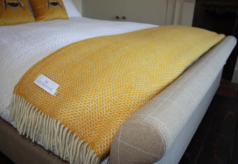 Throw -100% Pure New Wool - Beehive Pattern - Mustard Yellow Blanket