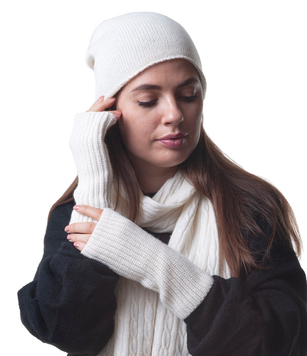 Cashmere Merino Jersey Knit Beanie - Ivory