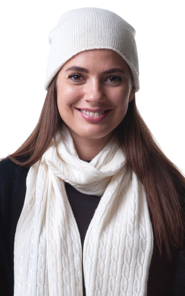 Cashmere Merino Jersey Knit Beanie - Ivory