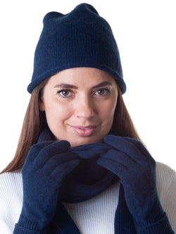 Cashmere Merino Jersey Knit Beanie - Navy