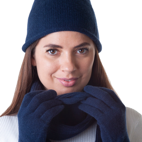 Beanie Hat-Cashmere Merino-Jersey Knit-Navy blue